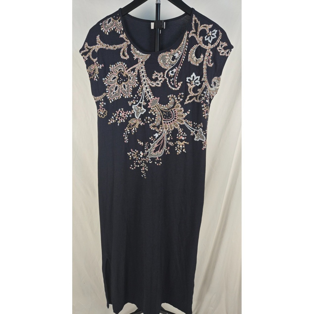 J Jill Embroidered Paisley Dress Navy Blue Boho Shift Size‎ XS Cottagecore Folk